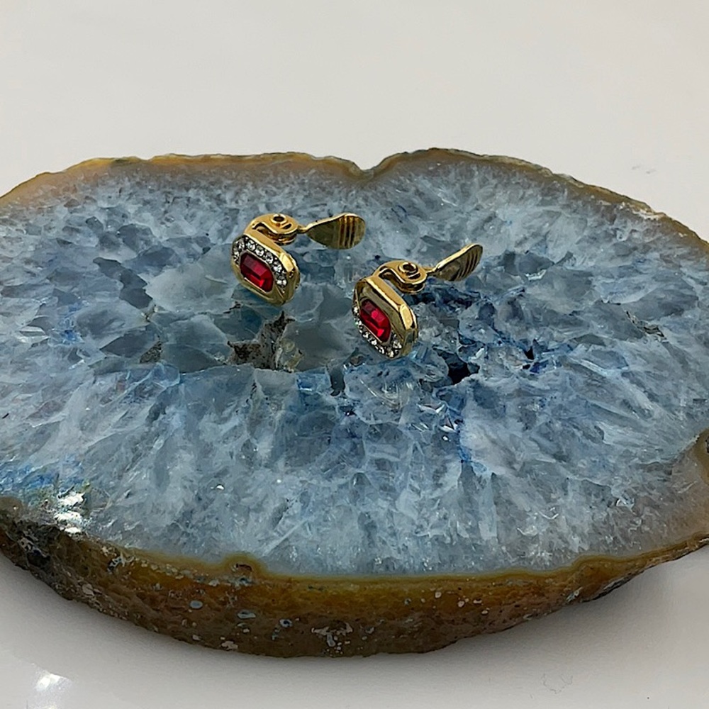 Vtg (1970)Monet Gold Earrings Leverback Clip On With Sparkling Crystals - Picture 5 of 6